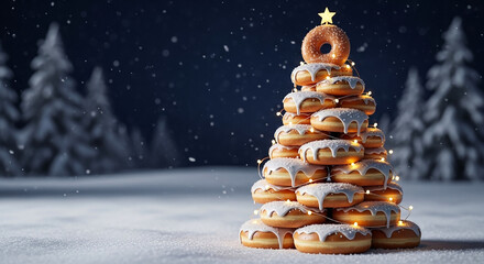 Christmas tree made of stacked glazed donuts with lights, winter holiday celebration and festive dessert concept