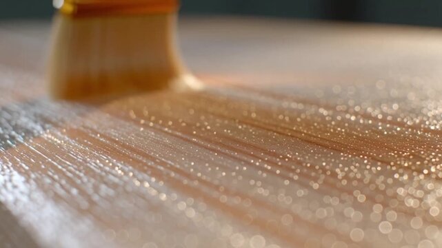 Close-up of a paintbrush applying a glossy, clear protective coating to a wooden surface, creating a wet, textured finish with a reflective sheen