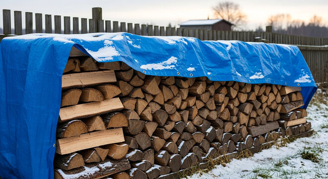 Firewood under snow tarp in rural backyard, winter fuel storage and seasonal preparation