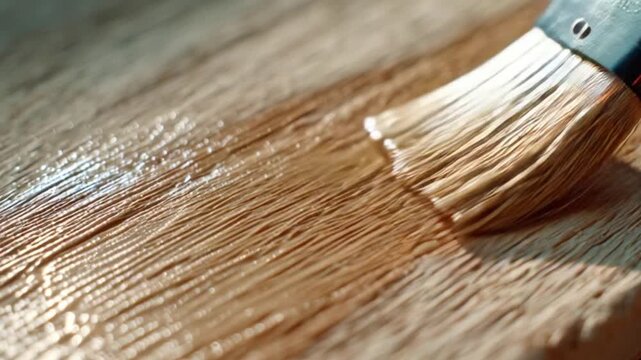 A paintbrush applying a protective coat of golden varnish to a textured wooden surface, enhancing its natural grain for home improvement
