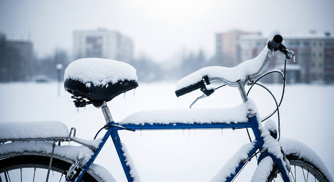 Snow on bicycle seat outdoors in winter, abandoned commute and urban transport in cold weather