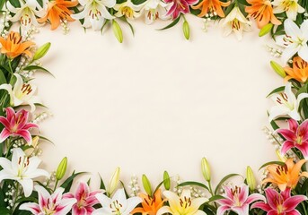 Light beige background with lily flowers forming a frame on the sides copy space