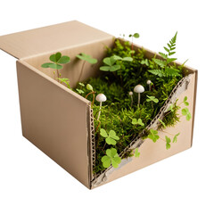 Miniature garden inside cardboard box isolated on transparent background
