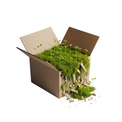 Cardboard box overflowing with green plants isolated on transparent background