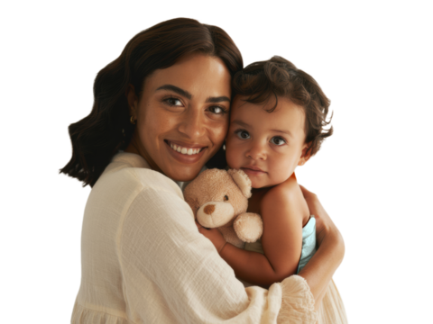 Young Latina woman holding her baby toddler png isolated transparent background