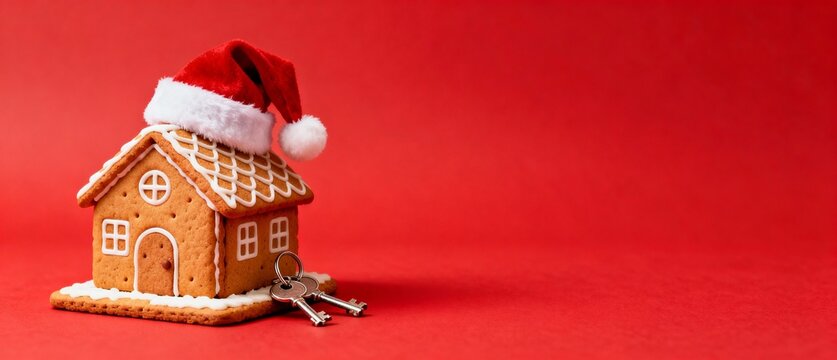 A gingerbread house wearing a Santa hat sits beside gingerbread keys against a rich red background with ample negative space in minimalist holiday composition, for bakery marketing, Christmas confecti