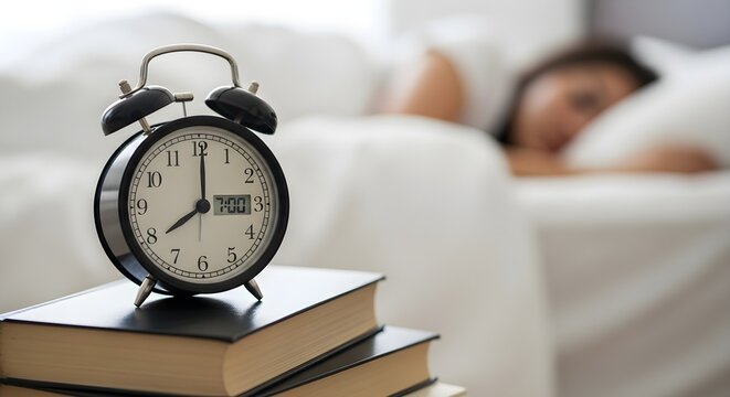Alarm clock on books with sleeping woman