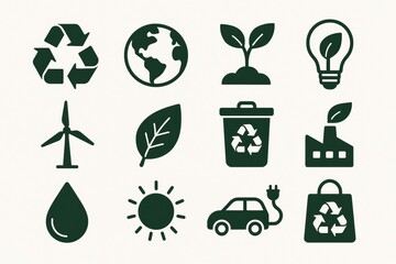 Eco-friendly icons representing sustainability, renewable energy, and environmental protection