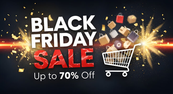 Black Friday sale promotional graphic with shopping cart and discounts  