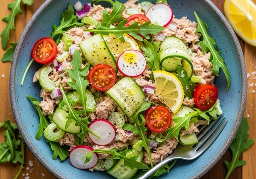 Healthy tuna salad with fresh arugula, tomatoes, cucumber, lemon, and radish in a vibrant blue bowl for a quick, nourishing meal idea