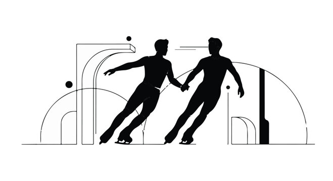 Two male figure skaters holding hands gracefully on ice, artistic silhouette.