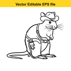 Black and white line art vector illustration of a cute cartoon mouse dressed as a cowboy wearing a hat, holster, and boots, isolated on