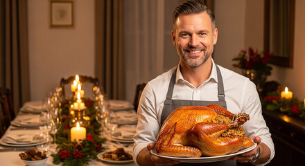 Man presenting roasted turkey in festive dining room, holiday dinner hosting and celebration