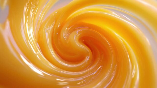 Liquid gold toffee or sweet butterscotch sauce forms an abstract swirling vortex texture background