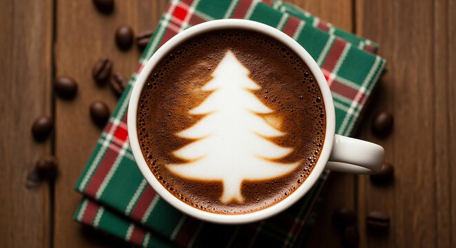 Christmas tree latte art in coffee cup on wooden table, festive beverage and holiday decor inspiration