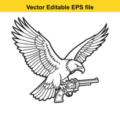 Outline vector illustration of a fierce bald eagle holding a classic revolver gun in its talons, isolated on
