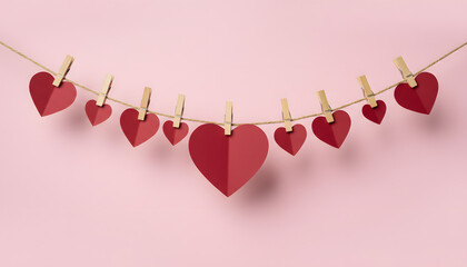 valentinesday heart garland on pink background with clothespins festive decor