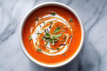 Tomato soup with cream swirl and fresh herbs, overhead shot.