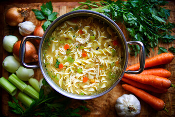 Delicious homemade chicken noodle soup in a pot with fresh ingredients.