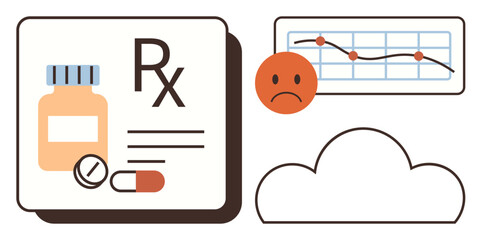 Bottle, pills, Rx symbol, graph with sad emotion, and cloud showcasing medical care, data analysis, emotional health, digital storage, treatment monitoring healthcare innovation simple flat