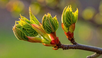 Close up of vibrant green tree buds unfurling on a branch in soft golden hour sunlight with a...
