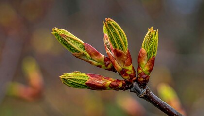Close up of a tree branch with new vibrant green and red buds opening in early spring