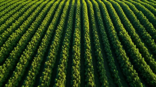 Agriculture farm fields rows pattern green trees landscape aerial view