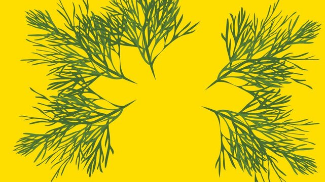 draw unique purple flower decorate with green stylish leaf in round shape on yellow screen background

