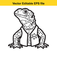 Fototapeta premium Black and white line art vector illustration of a cartoon lizard wearing a sheriff vest with a star badge, isolated on