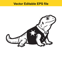 Black and white vector illustration of a lizard wearing a sheriff vest with a star badge, isolated on