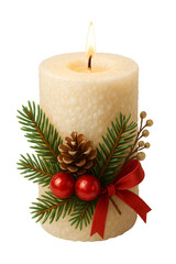 Decorative festive candle with pinecone fir branches berries and red bow isolated on black