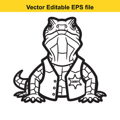 Outline vector illustration of a cute lizard dressed as a sheriff wearing a badge, isolated on