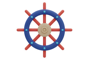3d rendered ship's wheel with red spokes and blue rim detail