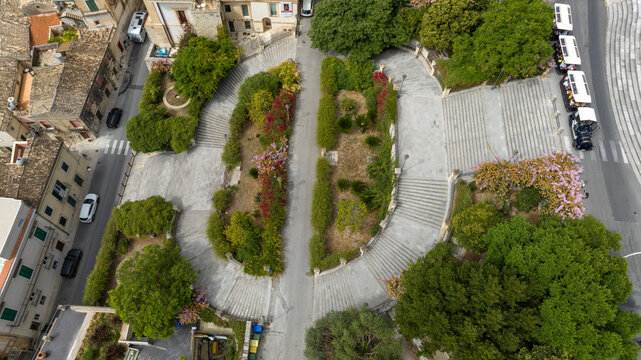 Aerial view of the steps with a garden in the historic center of Modica, in the province of Ragusa, Sicily, Italy. The steps lead directly to the city's cathedral.