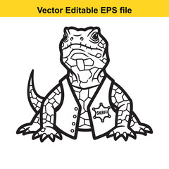 Cute cartoon lizard wearing a sheriff vest with badge, black and white outline vector illustration for coloring book or sticker design, isolated on