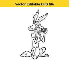 Black and white line art vector illustration of a cartoon coyote playing a harmonica, isolated on
