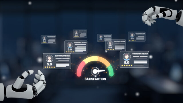 This image showcases a futuristic setting where robotic hands display customer satisfaction metrics, emphasizing the integration of technology in feedback systems. Synapse