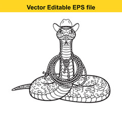 Black and white line art vector illustration of a dangerous rattlesnake wearing a cowboy hat and coiled with a lasso, isolated on