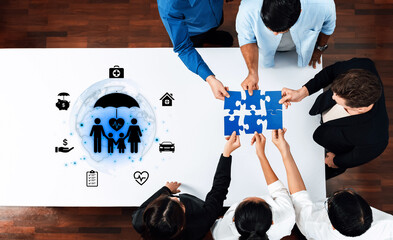 Concept of comprehensive insurance coverage and financial planning. A policy that provides life, health, and asset protection for a family's security and risk management. Fermion