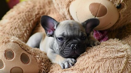 Adorable French Bulldog puppy napping with a teddy bear, cute animal friend. Puppy resting comfortably, sleeping dog with toy.