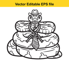 Black and white line art vector illustration of a coiled rattlesnake wearing a cowboy hat and a necktie, isolated on