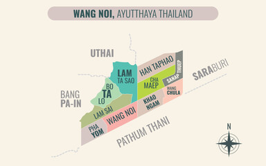 Map showing Wang Noi District Phra Nakhon Si Ayutthaya Thailand divided into sub-districts with minimalist colorful patterns