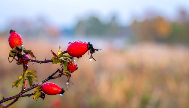 Close-up of dewy red berries on a branch with blurred background