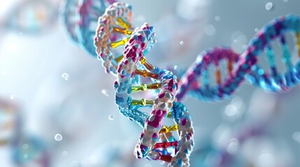 Scientific illustration of DNA double helix structure with focus on genetic mutation prevention, detailed molecular level visualization, clean scientific style with precise geometric forms