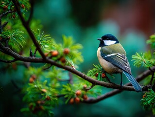 Obraz premium Colorful bird perched on a branch surrounded by vibrant green leaves