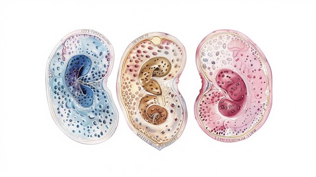 Clean scientific illustration of three germ layers formation in embryo (ectoderm, mesoderm, endoderm), cross-sectional anatomical view, color-coded tissue layers in soft scientific colors