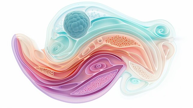 Clean scientific illustration of three germ layers formation in embryo (ectoderm, mesoderm, endoderm), cross-sectional anatomical view, color-coded tissue layers in soft scientific colors