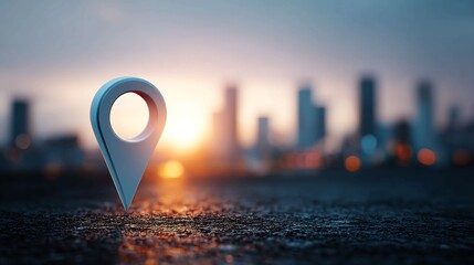 Location pin icon against a blurred cityscape at sunset representing navigation and urban exploration ideal for travel and technology themes