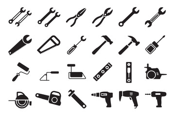 Obraz premium tools silhouette icons grid of hand tools construction equipment