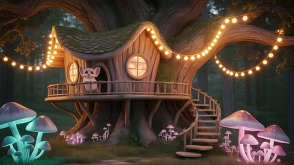 Obraz premium Charming treehouse nestled within a magical forest illuminated by twinkling lights